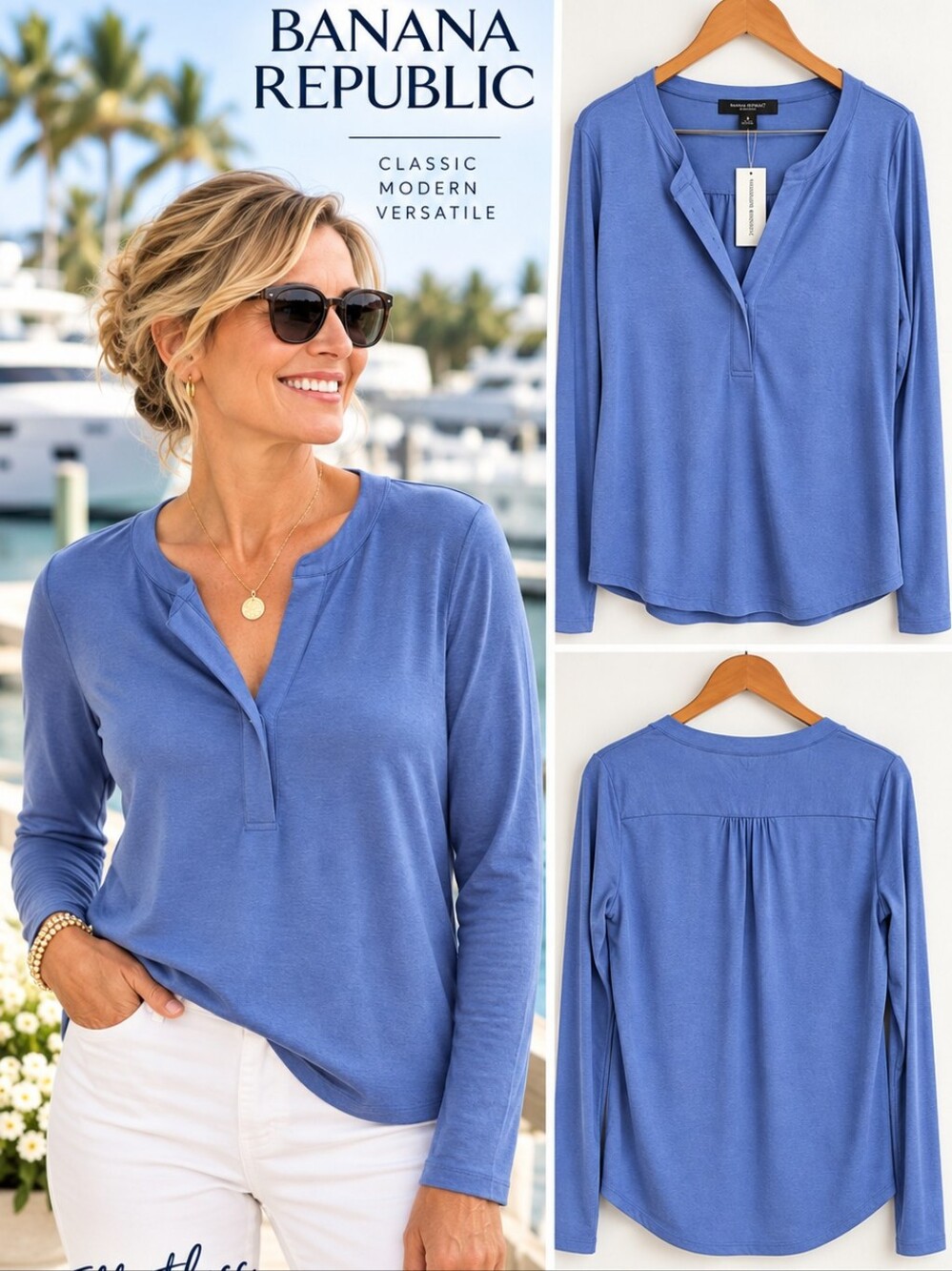 Banana Republic NWT Blue Split Neck Soft Knit Top Long Sleeve M